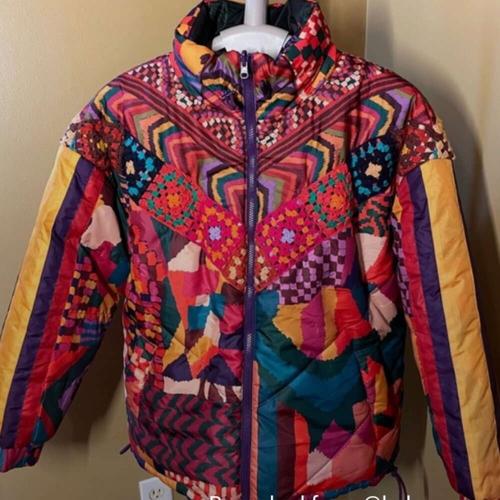 FARM Rio Reversible Patchwork Puffer Jacket with Crochet